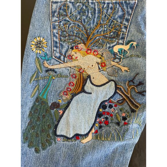 True Religion Lady Godiva Embroidered Bobby Flare Jeans Size 27 2000s Y2K Denim - Picture 1 of 14